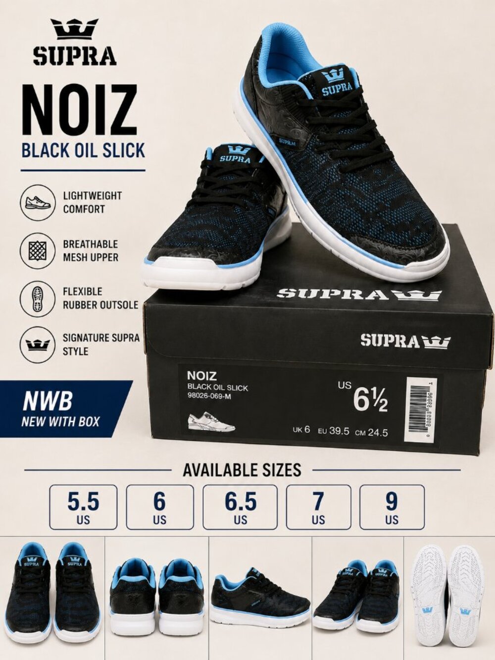 NWB Supra Noiz Trainer Sneakers Black Oil Slick Unisex Shoes - Size 9